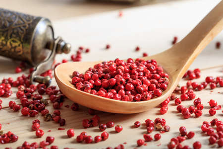 Red pepper seeds in a wooden spoonの写真素材