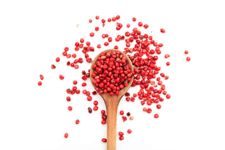 Red pepper seeds on white backgroundの写真素材
