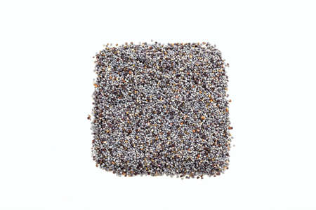 Black poppy seeds on white backgroundの写真素材