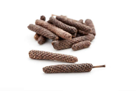 Long pepper seeds on white backgroundの写真素材