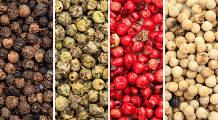 White, black, red and green pepper seeds collage