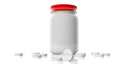 3d rendering pills spilled out of a bottle on white backgroundの写真素材
