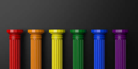 3d rendering six rainbow colored pillars on black backgroundの写真素材