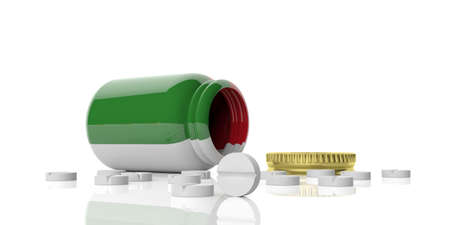 3d rendering pills out of bottle with Italy flag on white backgroundの写真素材