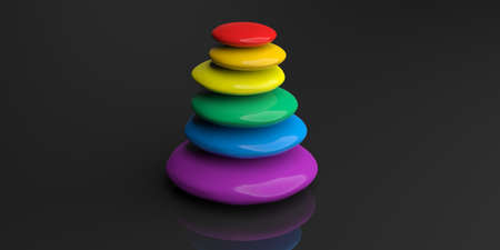 3d rendering rainbow zen stones stack on black backgroundの写真素材