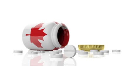 3d rendering pills out of bottle with Canada flag on white backgroundの写真素材