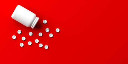 3d rendering pills spilled out of a bottle on red backgroundの写真素材