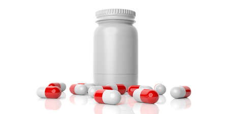 3d rendering pills spilled out of a bottle on white backgroundの写真素材