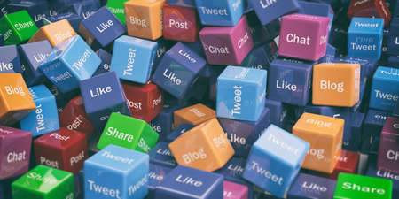 3d rendering cubes with social media words as backgroundの写真素材