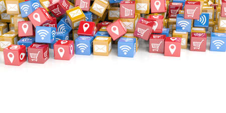 3d rendering cubes with pc symbols as backgroundの写真素材