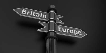 low perspective of two indicators on grey signpost.Isolate.Britain and Europe.の写真素材