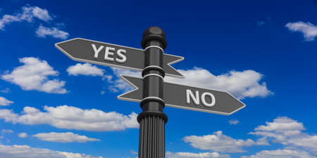 3D rendering of arrows on signpost against of cloudy sky.Yes and No.の写真素材