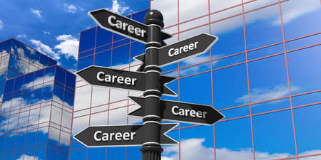 Low perspective of many pointers with career word on signpost against of office building with sky reflectionの写真素材