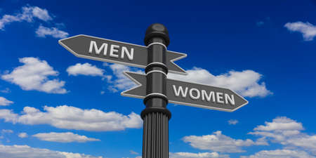 3D rendering of indicators on signpost against of cloudy sky.Men and women.の写真素材