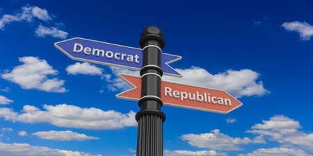 3D rendering of two arrows on grey signpost against of sky.Democrat and Republican.の写真素材