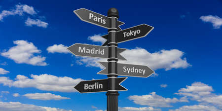 3D rendering of indicators with diffrent capital cities on signpost against of cloudy sky.Paris,Tokyo,Madrid,Sydney,Berlin.の写真素材