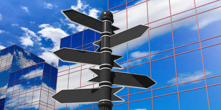 3D rendering of empty indicators on signpole against of office building under sky.の写真素材