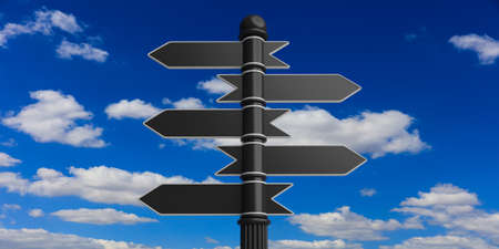 3D rendering of arrows on signpole with empty space on cloudy skyの写真素材
