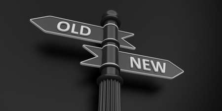 Two grey arrows on signpost on black background.Old and New.の写真素材