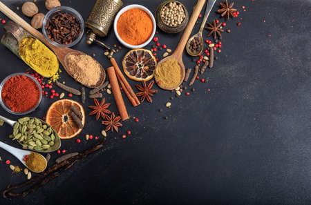 Composition of various spices on a black backgroundの写真素材