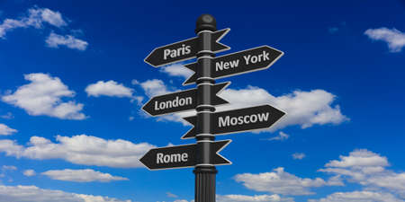3D rendering of signpost with indicators on sky background.Paris,New York,London,Moscow,Rome.の写真素材
