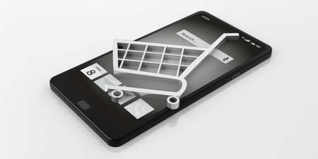 3d rendering e commerce symbol on a smart phone, white backgroundの写真素材