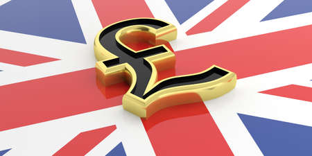 3d rendering golden British pound symbol on a GB flagの写真素材