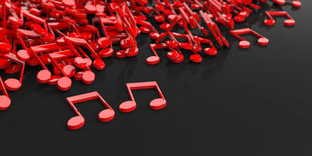 3d rendering red music notes on black backgroundの写真素材