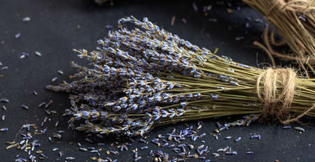 Dried lavender bunch on black backgroundの写真素材