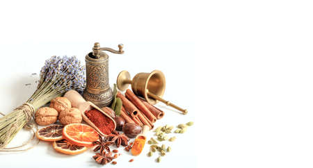 Spices composition with a lavender bunch on white backgroundの写真素材