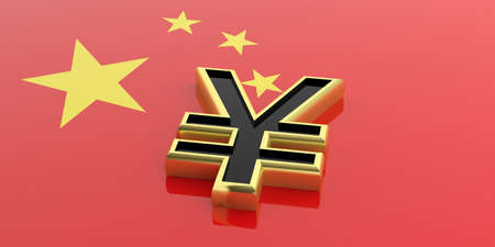 3d rendering golden yuan on China flagの写真素材