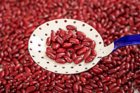 Raw kidney beans background and a metallic ladle