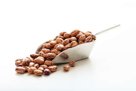 Raw pinto beans in a metallic scoop on white backgroundの写真素材