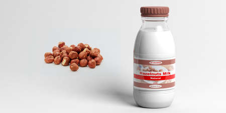 3d rendering hazelnuts and hazelnut milk bottle on white backgroundの写真素材