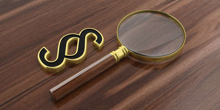 3d rendering magnifier glass and paragraph symbol on a wooden surface