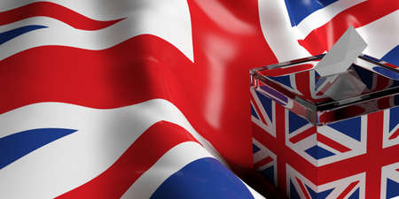 3d rendering glass ballot box on UK flag background