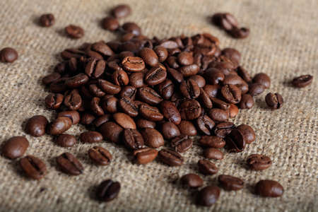 Coffee beans on a sackclothの写真素材