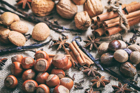 Various nuts on a burlapの写真素材