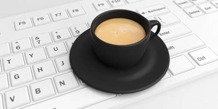 3d rendering cup of coffee on a keyboardの写真素材