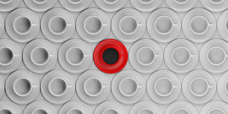 3d rendering red cup with coffee among white empty cupsの写真素材