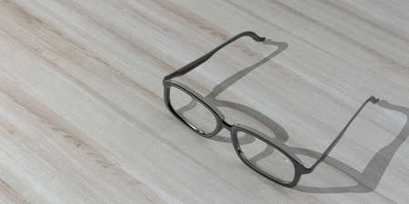 3d rendering pair of glasses on a wooden backgroundの写真素材