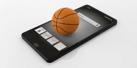 3d rendering basketball on a smart phoneの写真素材