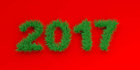 3d rendering 2017 in grass on red backgroundの写真素材