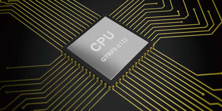 3d rendering electronic circuit cpu processor on black background