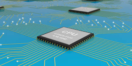 3d rendering electronic circuit cpu processor on blue backgroundの写真素材