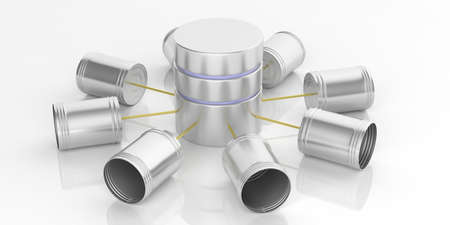 3d rendering tin cans telephone and database on white background