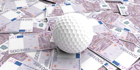 3d rendering golf ball on 500 euros banknotes backgroundの写真素材
