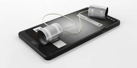 3d rendering tin cans telephone on a smart phone on white backgroundの写真素材