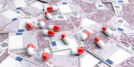 3d rendering pills on 500 euros banknotes backgroundの写真素材