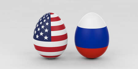 3d rendering USA and Russia flags on standing eggsの写真素材